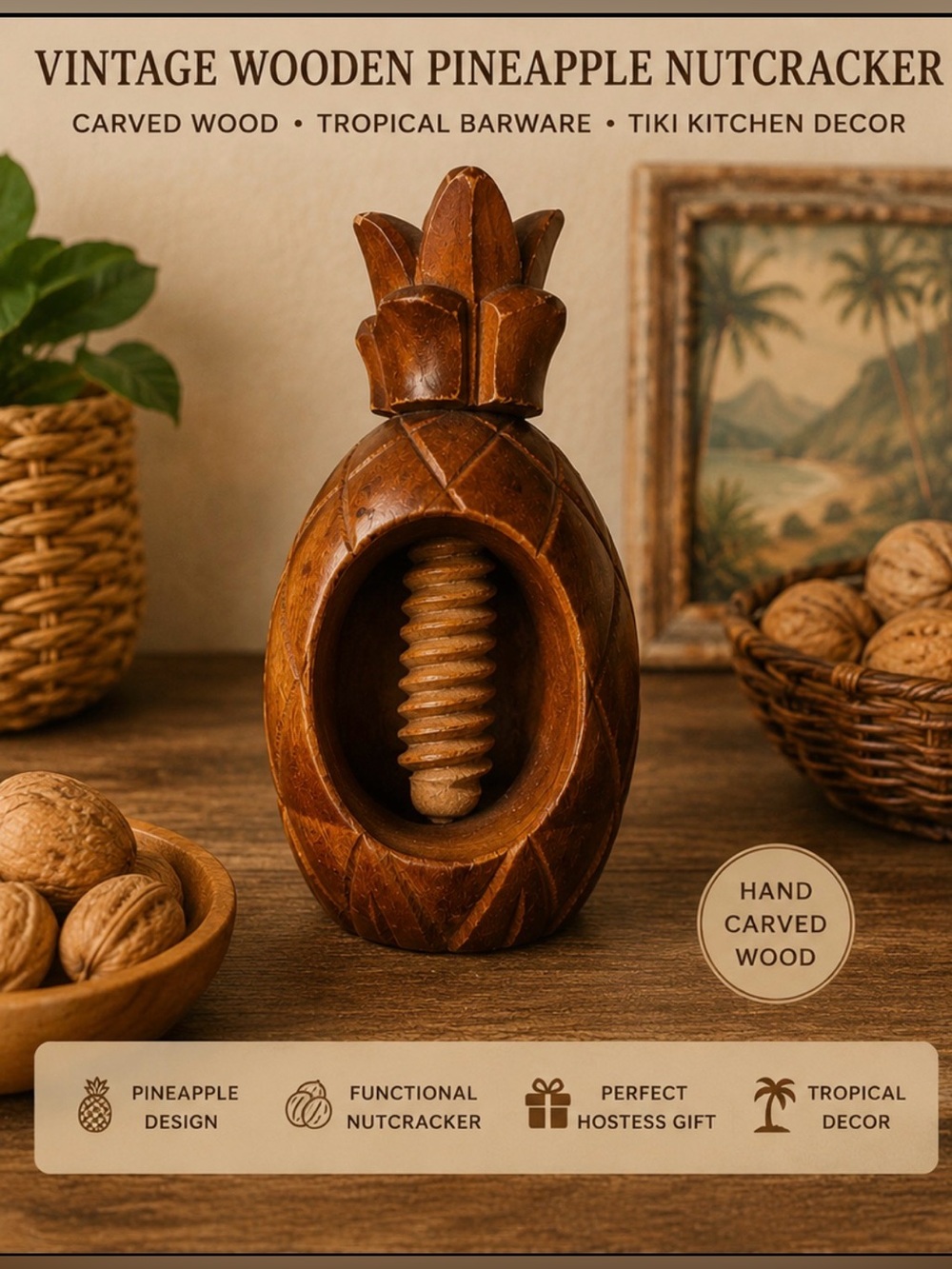 Vintage Wooden‎ Pineapple Nutcracker Hand Carved Tropical Tiki Decor